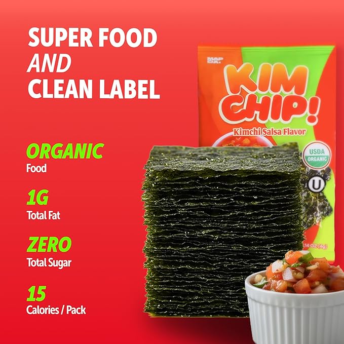 KIMCHIP (30-Pack) Spicy Kimchi Salsa Seaweed Snack – organic, vegan, gluten-free, low-calorie nori chips
