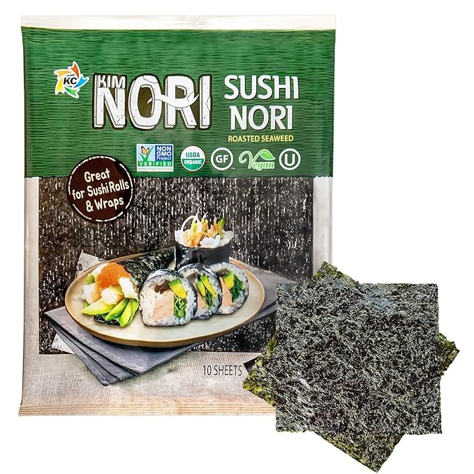 KIMNORI Sushi Nori Seaweed Sheets – 10 Full Size USDA Organic, Yaki Roasted Rolls, Wraps, Snack, 100% Natural Laver, Gluten Free, No MSG, Non GMO, Vegan, Kosher, 25 Gram 0.88 Ounce