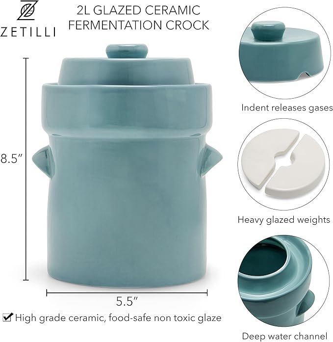Fermentation Crock Jar Sauerkraut Crock -For Onggi Kimchi Pot (1.3 Gallon) Ceramic Fermenting Crock with Glazed Weights for Fresh Chinese Pickle, Kimchi & Kombucha - Stoneware Pickling Crock