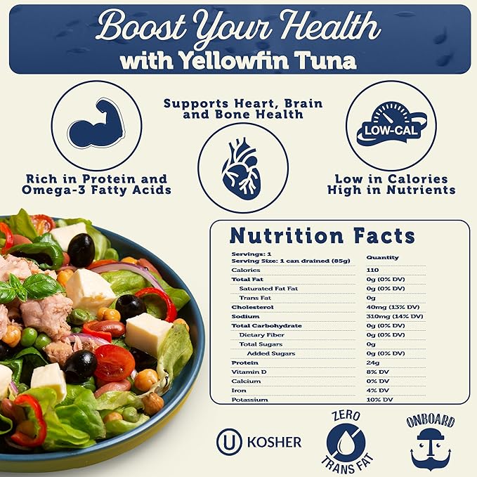 ONBOARD Premium Yellowfin Tuna in Spring Water - 12 Pack Solid Light 5 Oz Cans Sustainably Wild Caught Canned Tuna, Non GMO, Gluten Free, Tinned Fish 24g Protein – Ingredient Rich Tuna for Salad and Recipes