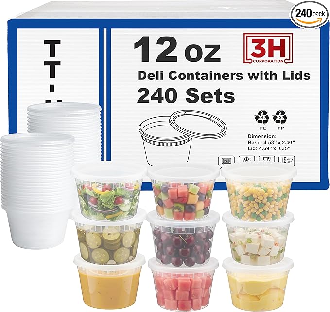 12 oz Food Storage Containers with Lids (240 Set/480 Piece) Small Deli Containers for Soup, Freezer Microwave Safe, BPA-Free Plastic, Stackable Snack Leakproof Leftover Organizers