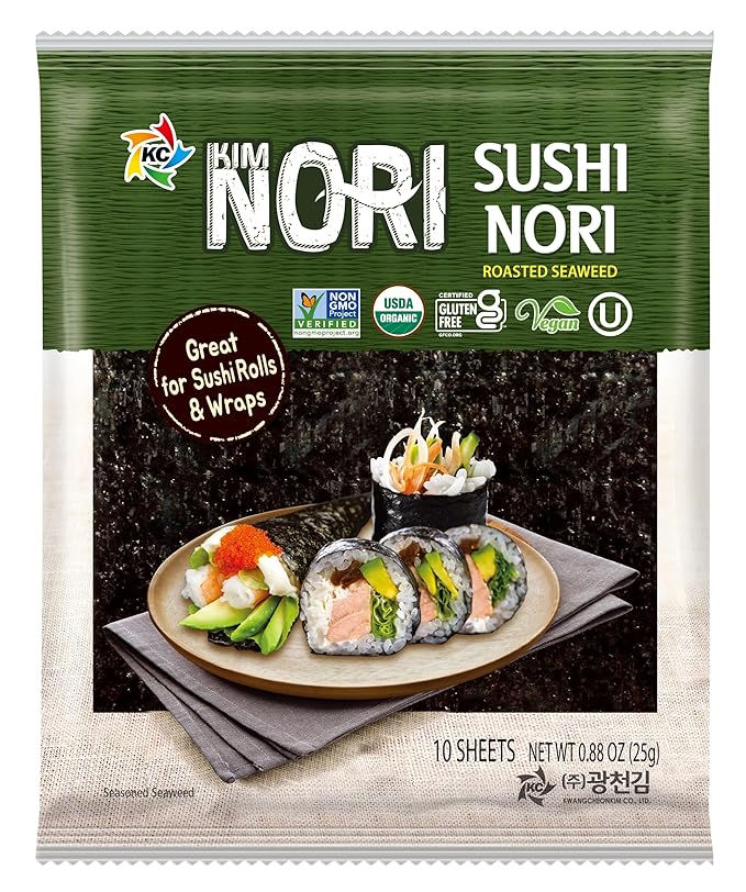 KIMNORI Sushi Nori Seaweed Sheets – 10 Full Size USDA Organic, Yaki Roasted Rolls, Wraps, Snack, 100% Natural Laver, Gluten Free, No MSG, Non GMO, Vegan, Kosher, 25 Gram 0.88 Ounce
