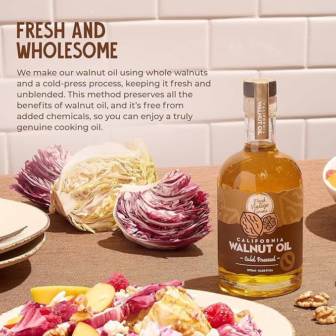 Fresh Vintage Farms 100% Undiluted Cold Pressed Walnut Oil | Wholesome & Nutritious Healthy Cooking Oil for Cooking, Baking, Grilling, Dipping, & Salads | Walnut Oil - 12.68 Fl Oz, Pack of 1