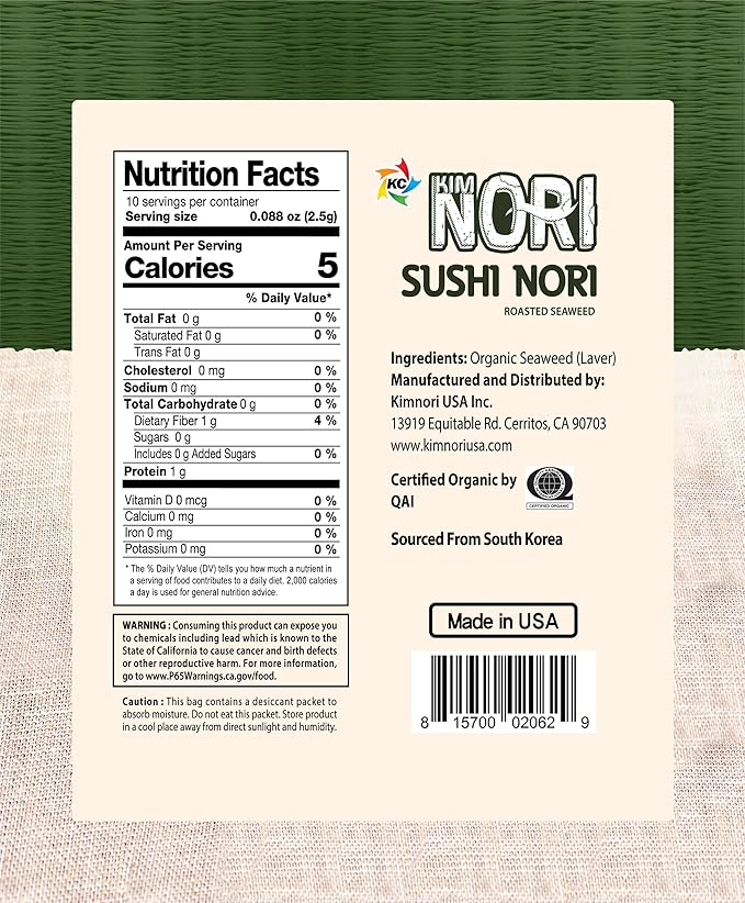 KIMNORI Sushi Nori Seaweed Sheets – 10 Full Size USDA Organic, Yaki Roasted Rolls, Wraps, Snack, 100% Natural Laver, Gluten Free, No MSG, Non GMO, Vegan, Kosher, 25 Gram 0.88 Ounce
