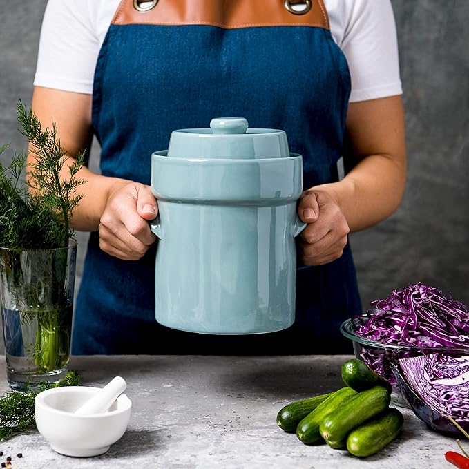 Fermentation Crock Jar Sauerkraut Crock -For Onggi Kimchi Pot (1.3 Gallon) Ceramic Fermenting Crock with Glazed Weights for Fresh Chinese Pickle, Kimchi & Kombucha - Stoneware Pickling Crock
