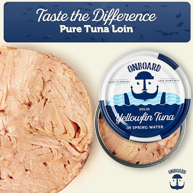 ONBOARD Premium Yellowfin Tuna in Spring Water - 12 Pack Solid Light 5 Oz Cans Sustainably Wild Caught Canned Tuna, Non GMO, Gluten Free, Tinned Fish 24g Protein – Ingredient Rich Tuna for Salad and Recipes